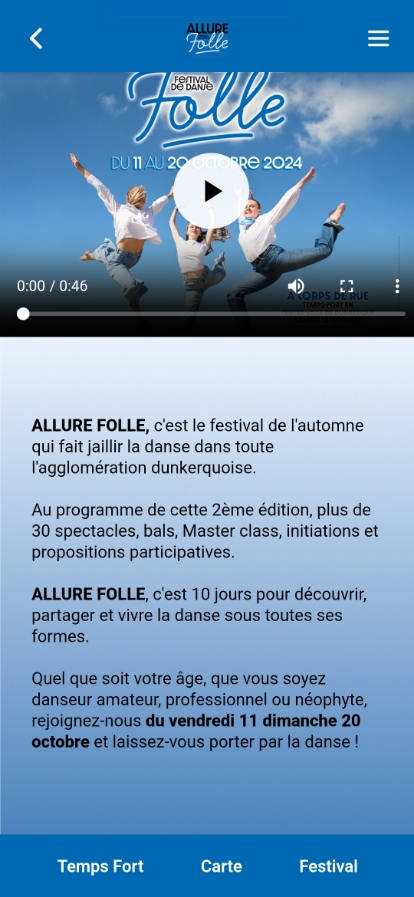 menu d'une application d'un évènement